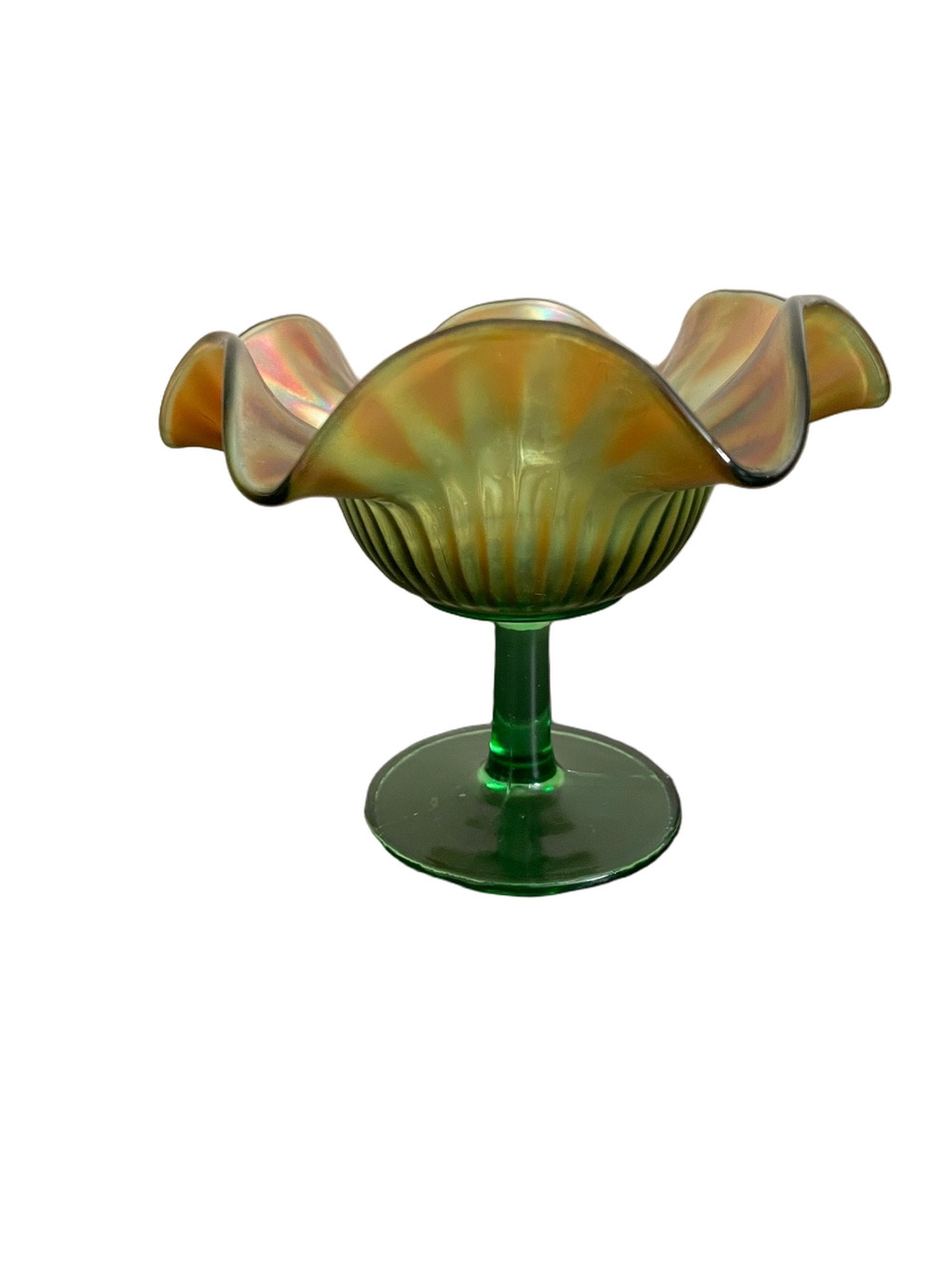 Vintage Northwood Green Marigold Carnival Glass Pedestal Bowl with Ruffle Rim
